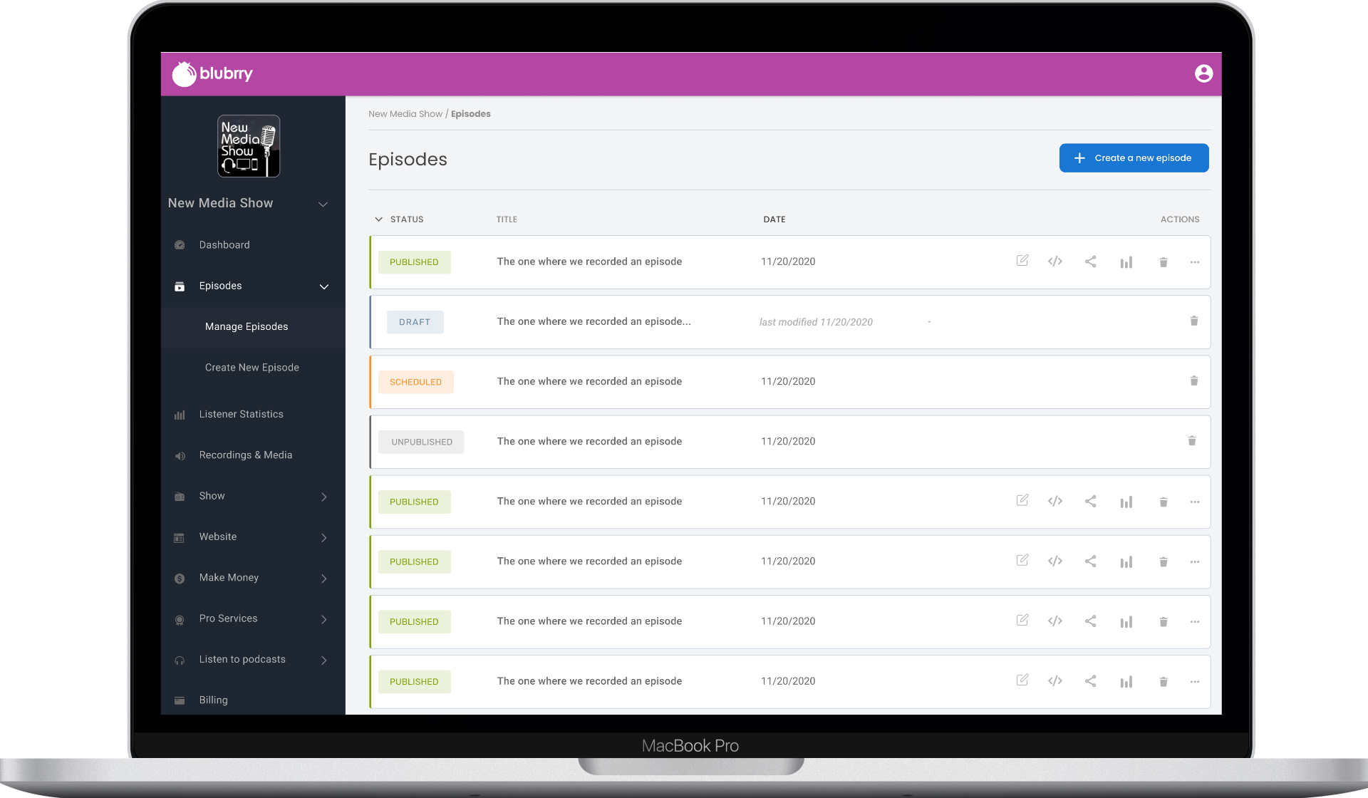 Episodes — Status Indicators, Clear Actions & Create Flow